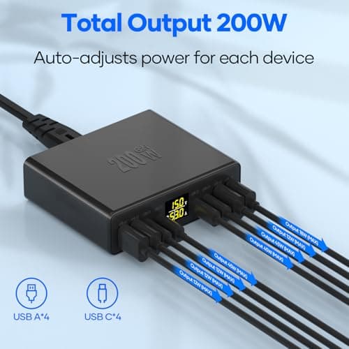 YSYFAD 200W USB C Charger 8-Port with LED Display, USB Charging Station GaN — view 6