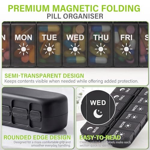 mossime Foldable Weekly Pill Organiser 2 Times a Day, Premium Magnetic AM PM Pill Box 7 Day, Large Capacity Travel Tablet Dispenser with Double Protection for Medication, Vitamins and Fish Oils,Black — view 5