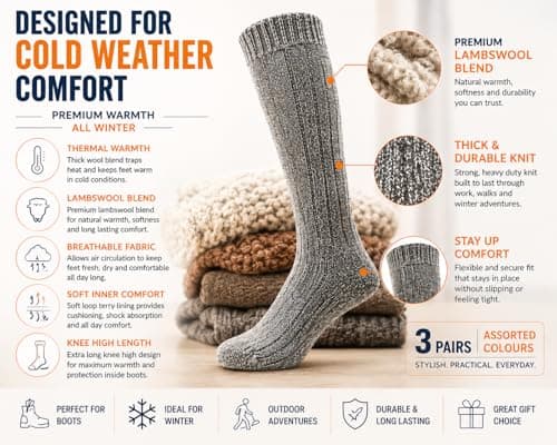 ITRAT 3 Pairs Mens Soft Thermal Premium Quality Long Knee High Lambs Wool Blend Boot Socks Mix Colours Size UK 6-11 EU 39-46 (Assorted Multipack of 3 Pairs) — view 4