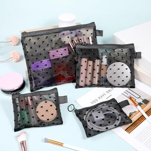 4 PCS Heart Printed Mesh Makeup Bag Set, Heart Print Mesh Zipper Pouch Bags, Portable Travel Organizer Bags Pouch Set for Home Offices Daily Travel Accessories(Black) — view 4