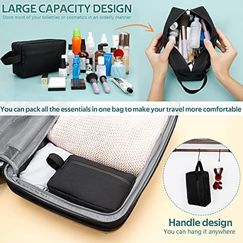 FUNSEED Travel Toiletry Bag for Women and Men, Shaving Bag for Toiletries Accessories, Foldable Storage Bags with Handle for Cosmetics Brushes Tools,Black — view 3