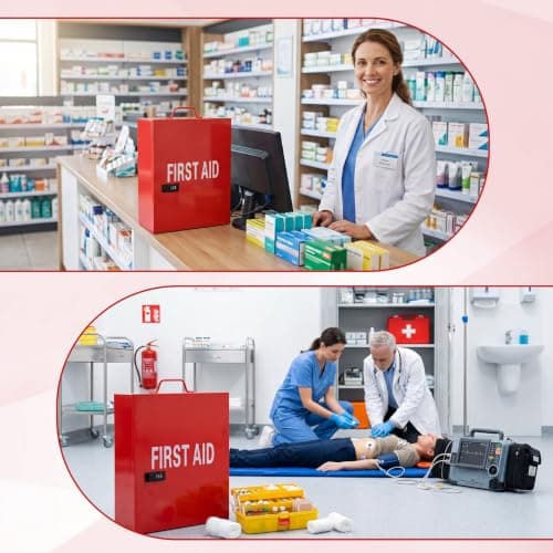 Timgle First Aid Kit with Combination Lock 3 Shelf Wall Mount Medicine Cabinet with Handle Locking Medical Cabinet Lightweight Medium Organizer Wall Steel Storage Box for Business and Worksite(Red) — view 5