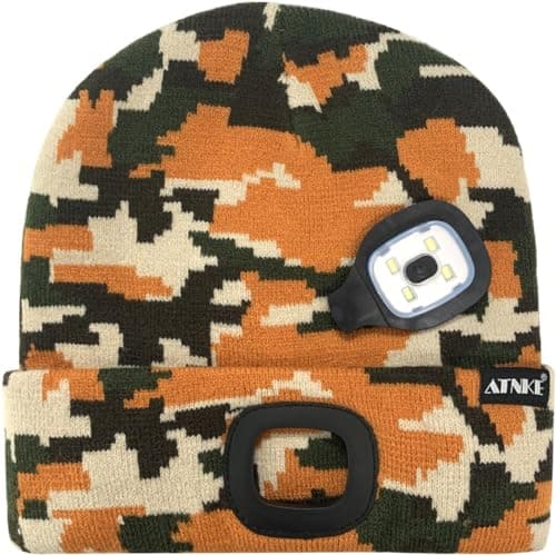 ATNKE LED Lighted Beanie Cap,USB Rechargeable Running Hat Ultra Bright 4 LED Waterproof Light Winter Warm Gifts for Men and Women/Camouflage Yellow — view 3