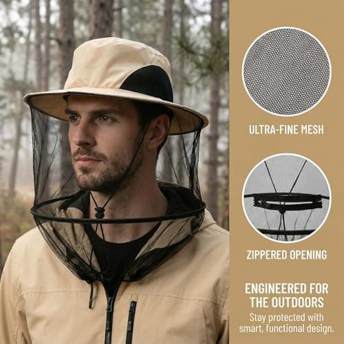 Novocloud 2Pack Mosquito Head Net Hat, Professional Midge Net with Zipper Opening, Anti-Insect Bee Veil Cap for Beekeeping, Fishing, Hiking, Gardening & Outdoor Camping, Sun Protection Mesh Face Cover — view 6
