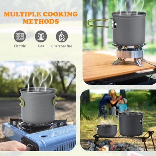 Portable Camping Cookware Set - 2-in-1 Picnic Pot & Pan with Foldable Cutlery | Lightweight Mess Kit for Backpacking, Hiking & Outdoor Cooking (1-2 People, Easy to Clean, Green) — view 5