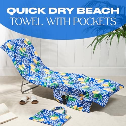 Brentfords Sun Lounger Towels with Pockets, Soft Quick-Dry Absorbent Large Beach Towel in a Bag Lightweight Lounger Towels For Travel Poolside or Beach Days, 75 x 215cm - Lemon Tile — view 2