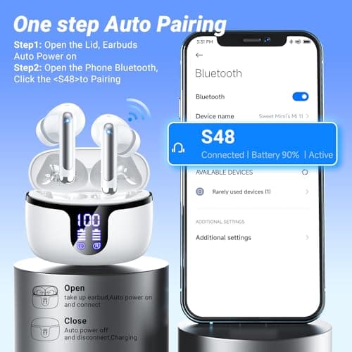 Wireless Earbuds Bluetooth 5.4 Headphones in Ear with 4 ENC Noise Cancelling Mic 2026 New Ear buds 42h Playtime HiFi Stereo Deep Bass Earphones IP6 Waterproof LED Display Bluetooth Earbuds USB-C White — view 3