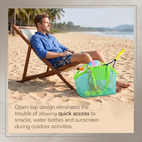 Large Mesh Beach Bag,Beach Toy Bag for Kids,Mesh Beach Bags,Foldable Toys Net Tote Bags Waterproof Lightweight for Sand Storage for Wet Towels Swim Pool Travel Essentials Accessories (40x24x38 cm) — view 2