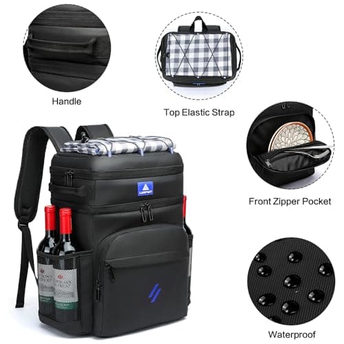 Laripwit Cooler Backpack 54 Cans Insulated Cool Bag Rucksack PU Leather Leak-Proof Picnic Backpack for Men Women - Perfect Large Tactical Backpack Cooler Bag for Camping, Lunch, Beach, Upgraded Black — view 3