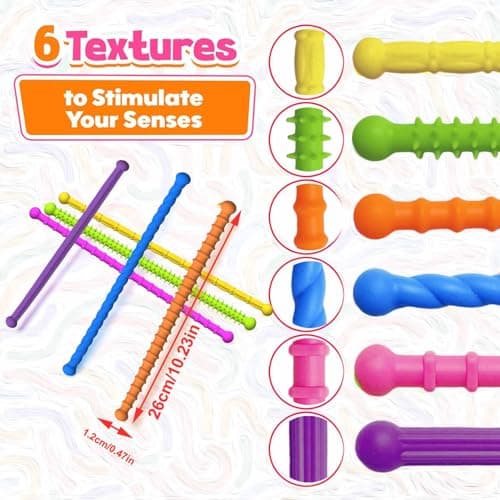 Bambebe 6 Pack Fidget Toys Sensory Stick: Textured Calming Sensory Toys for Autism Kids, Anxiety Relief Fidgets for Classroom Student, Travel Activities Essential Fidget Toy, Road Trip Essentials — view 6