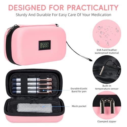 Defresit 24h Insulin Cooler Travel Case - TSA Approved Medication Diabetic Cooler for Travel with Thermometer Temperature Display Refrigerated Medicine Organizer Bag with 2 Ice Pack (Pink) — view 2
