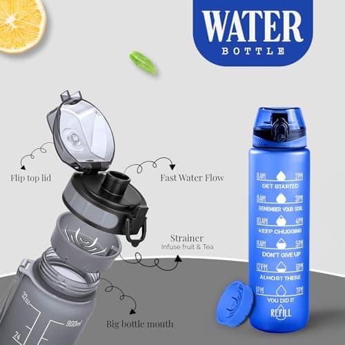 Active 100 Water Bottle 1L Sports Water Bottle with Motivational Time Marker, Dishwasher Safe Leak-proof Drink Bottle BPA Free Non-Toxic for Running,cycling, Gym, School & Office (Blue) — view 5