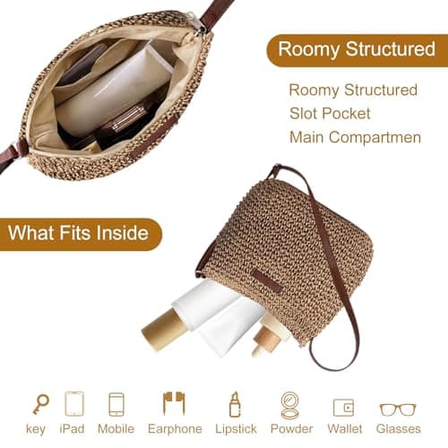 Businey Straw Bag for Women, Summer Straw Beach Crossbody Bags for Women with Zipper Adjustable Strap, Bohemian Weave Handmade Shoulder Handbags for Holiday Beach Travel — view 5