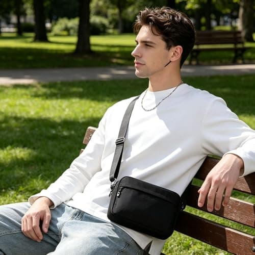 Veyarien Mens Cross Body Bag, Small Messenger Shoulder Man Bag with Zipper and Adjustable Strap, Waterproof Oxford Crossbody Bags, Casual Man Bags for Men Working Travel Daily (Black) (Black 2) — view 2