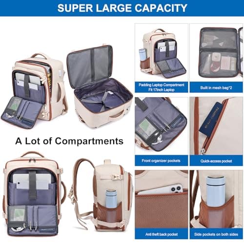 Ryanair Cabin Bags 40x30x20 Underseat 24L Small Travel Backpack for Women Hand Luggage Backpack Carry-ons Bag Cabin Size for Airplanes Flight Bag Travel Rucksack with USB Charging Port,Beige-brown — view 3