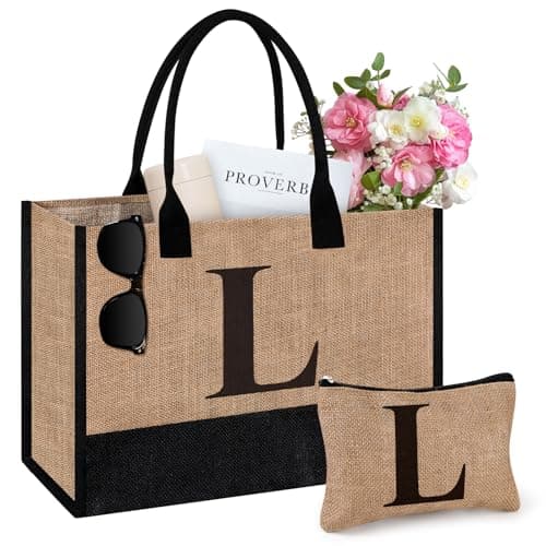 Tecanne Initial Jute Tote Bag & Makeup Bag, Birthday Gifts for Women Her Mum Teacher, Suitable for Wedding, Beach, Holiday (L)