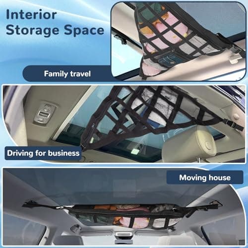 Thatyro Large Black Car Ceiling Cargo Net with Three Handles Mesh Truck Pocket, Double-Layer Roof Rack Cargo Net for Road Trip Organizers Camping Storage Car Living Essentials — view 4