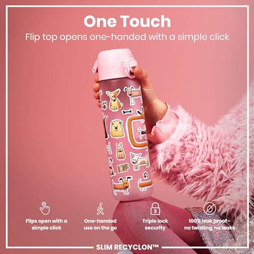 Ion8 Water Bottle, 500ml/18oz, Slim Leak Proof & BPA-Free Drinking Bottle, Secure Lock Prevents Spills, Dishwasher Safe, Carry Handle, Ideal for Adults & Kids - Travel, Gym & School, Pink, Dogs — view 3