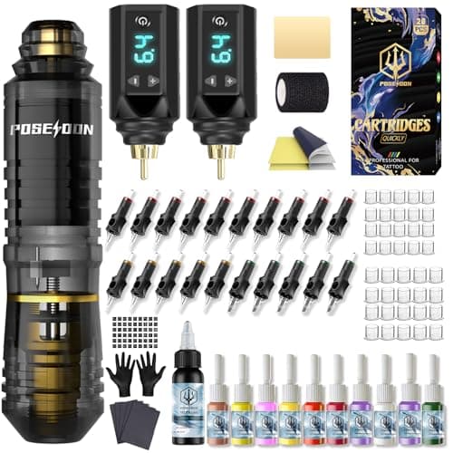 POSEIDON Wireless Tattoo Machine Kit with 20 Tattoo Cartridge Needles, Ink Set & 2 Rechargeable Batteries | Professional Portable Tattoo Pen Gun Set for Beginners | Complete Starter Supplies(PTK052)
