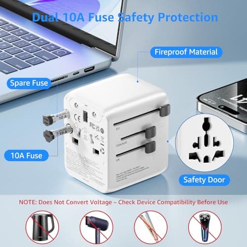 Universal Travel Adapter, PD 25W International Travel Adapter, 2PD USB-C and 1QC USB-A Ports, Dual 10A Fuses, All in One Worldwide Travel Plug for USA, UK, EU, AU 150+ Countries — view 4
