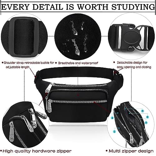 Bumbag Waist Bag,Waterproof 4 Zip Pockets Fanny Pack Running Waist Pack Bag Adjustable Belt Waistpacks for Men Women Outdoors, Sport, Hiking, Travel (Black) — view 4