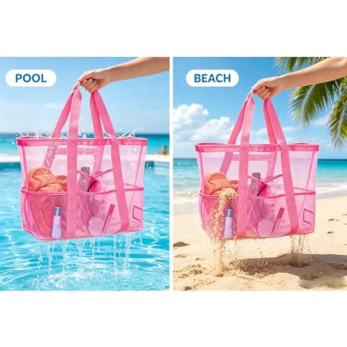 Jenck Large Mesh Beach Tote Bag, Oversized Swim Bag with Multiple Pockets, Portable Quick Dry Sandproof Pool Tote for Travel Gym Vacation, Rose — view 6