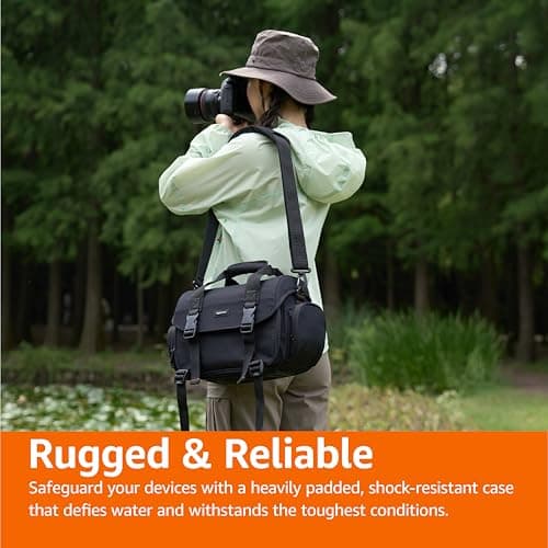 Amazon Basics Shoulder Bag for SLR Camera and Accessories, Large, Adjustable Strap, Waterproof, Shockproof, Solid, Padded - Black/Orange — view 6