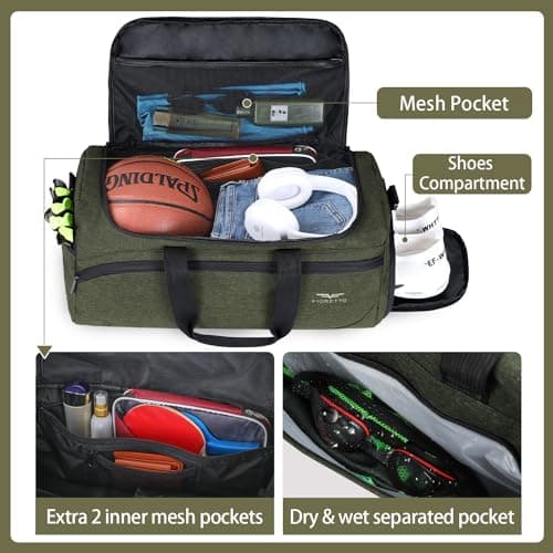 FIORETTO 35L Mens Sports Gym Bag with Wet Pocket & Shoe Compartment,Travel Duffle Bag Overnight Bag with Padded Shoulder Strap, Water-Resistant Sports Holdall for Swimming, Basketball Army Green — view 2