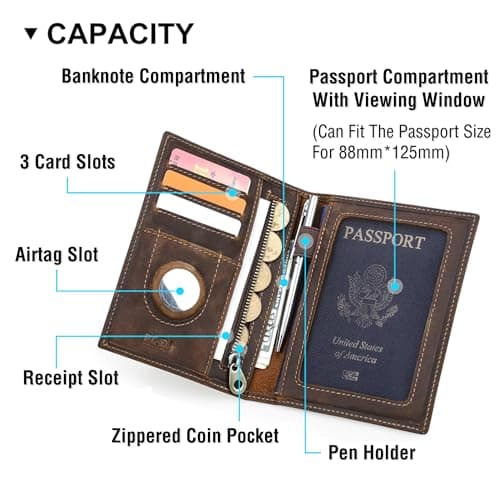 CataPurus Top Grain Leather Single Travel Passport Wallet Embossing Badge for Unisex, Folio Design for Passport & Multi Cards, RFID Blocking for Passport/Cards/Checks/Bills/AirTag, Coffee Default, GB — view 5