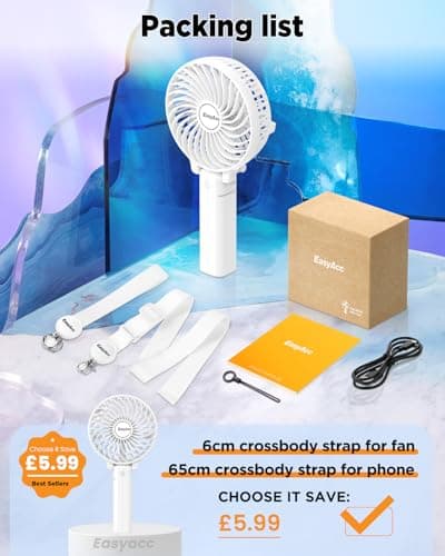 EasyAcc Handheld Fan Portable USB Fan180° Foldable Up 10 Hours 3 Speeds Powered Personal Mini Electric Fan Rechargeable Battery Folding Adjustable Fan Home Travel Outdoor - White — view 2