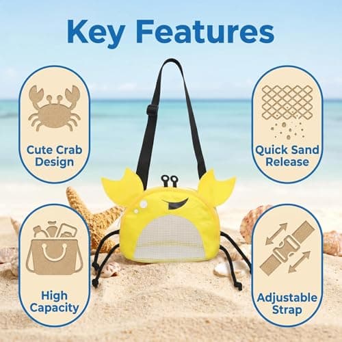 Cosiesnest Crab-Shaped Shell Collecting Bag, Shell Collecting Bag, Multifunctional Beach Bag, Mesh Beach Bag, Breathable Mesh Bucket with Adjustable Strap for Beachcombing, Seaside & Outdoor (Yellow) — view 5