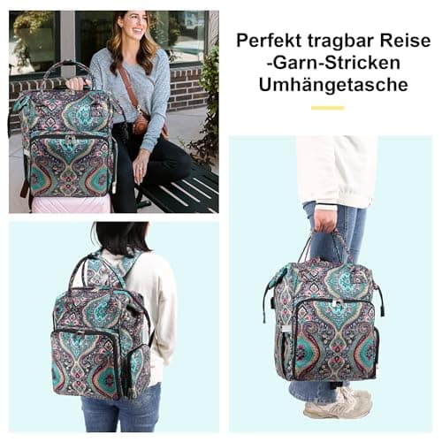 JOZEA Knitting Bag Backpack with USB Charging Port, Large Craft Organiser Bag for Knitting Accessories, Wool Storage for Crochet Projects, 2-Way Travel Bags and Totes(Paisley) — view 6
