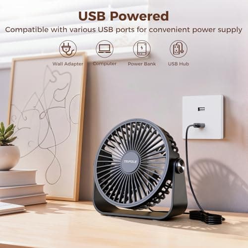 TriPole USB Desk Fan, 3 Speeds Adjustable Strong Wind Table Fan, 360° Head Rotatable 1.5 m Cable Personal Desktop Fans, 4.5 Inches Portable Mini Fan for Table Home Bedroom Office Indoor Outdoor, Black — view 4