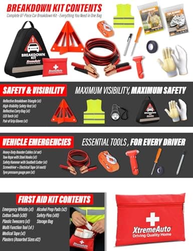 Xtremeauto Car Breakdown Emergency Kit – Roadside Car Safety Kit with Warning Triangle, Hi-Vis Vest, Tow Rope, Jumper Leads, First Aid Kit & Storage Case – Essential Car Kit for UK & Europe — view 3
