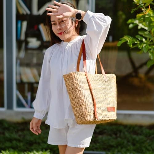 CHANEVA Large Woven Tote Bag for Women, Water Hyacinth Straw Shoulder Bag with Leather Straps, Summer Beach Bag, Rattan Work Bag Fits A4, Handmade Boho Handbag for Ladies, 18x6x12 Inches — view 2