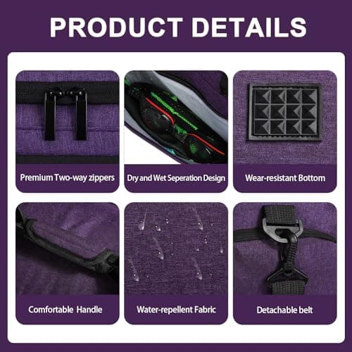 FIORETTO 50L Mens Sports Gym Bag with Wet Pocket & Shoe Compartment,Travel Duffle Bag Overnight Bag with Padded Shoulder Strap, Water-Resistant Sports Holdall for Swimming, Basketball Purple — view 5