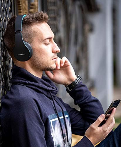 PowerLocus Wireless Bluetooth Over-Ear Stereo Foldable Headphones, Wired Headsets Noise Cancelling with Built-in Microphone for iPhone, Samsung, LG, iPad (Black/Blue) — view 2