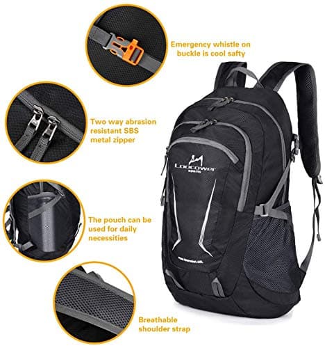 Loocower 45L Lightweight Foldable Backpack Walking Rucksack Hiking Daypack Packable Camping Travel Outdoor Sport Knapsack for Men Women - Black — view 4