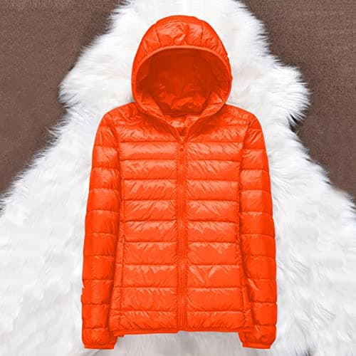 Womens Winter Lightweight Puffer Jacket with Hood Warm Short Packable Women Quilted Jacket Transitional Padded Down Jacket for Ladies Lined for Hiking Travel Plus Size Thin Jacket Down Orange — view 3