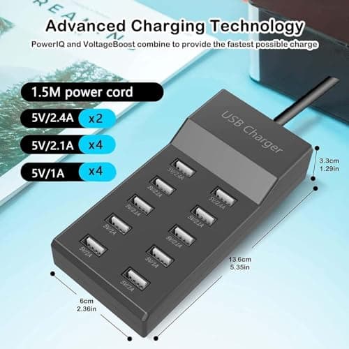USB Charger Station, 10 Port USB Charger Hub 50W Multiple Charging Station Compatible with iPhone 12/13/14/15/16/Samsung S22/S23/S24/Z Flod/Z Flip/iPad/Xiaomi/Oppo/OnePlus.（Black） — view 2