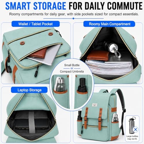 MODOKER Vintage Women Laptop Backpack with USB Charging Port, School College Backpack for Women Men Fashion Backpack Fits 15.6Inch Notebook, Slim Casual Travel Daypack Bookbag Green — view 3