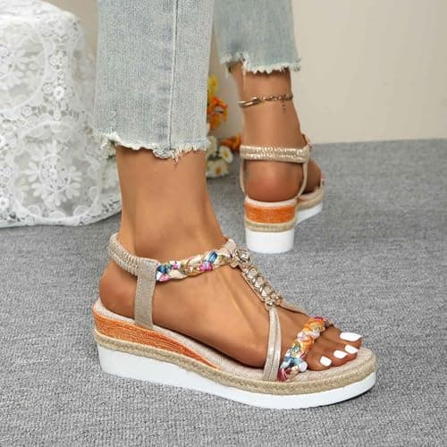 Generisch Women Comfortable Slip On Sandals Casual Beach Hiking Shoes Breathable Open Toe Wedge Heel Casual Spring Summer Autumn, gold, 4 UK — view 3