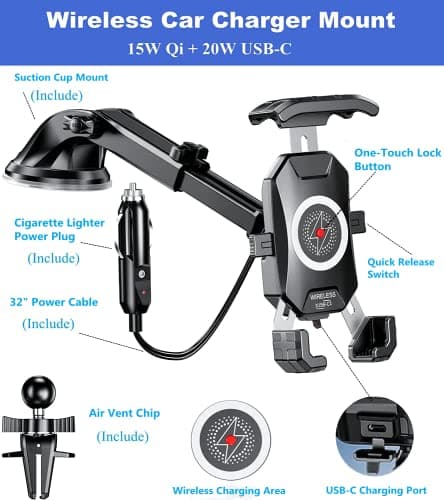 Kewig Wireless Car Phone Holder Mount, Qi 15W Fast Car Charger Mount with USB C 20W Charging Port, Mobile Phone Cradle Automobile Dashboard Windscreen Air Vent Stand for 4''-7'' Cellphones — view 2