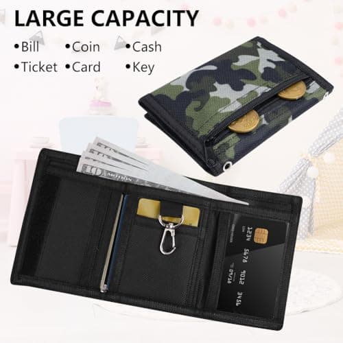 Aucuu Kids Wallet, Cartoon Waterproof Wallet, Trifold Wallets with Coin Pocket Zippered, with Card Slots Lanyard, with Chain, Travel Document Wallets for Teenagers Boys Girls(Camouflage) — view 4