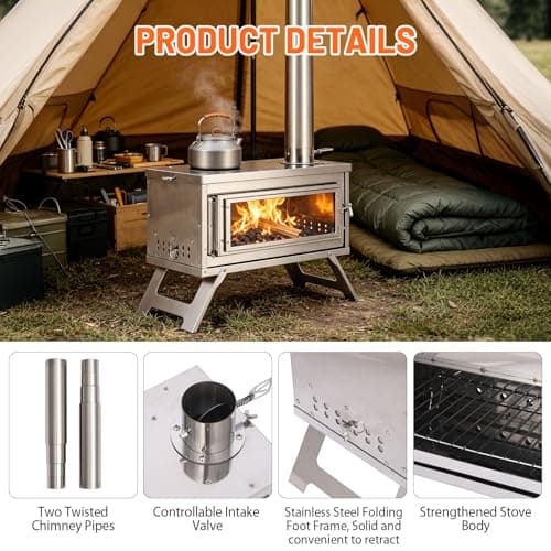 Tent Camping Stove, Outdoor Portable Tent Wood Burning with Chimney Pipes — view 3