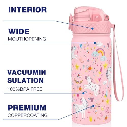 GOPPUS 550ml/18oz Kids Insulated Water Bottle with Straw Cute Double Wall Stainless Steel Child's Small Flask Vacuum Insulated Steel Metal Leak Proof Drink Flask Boys Toddler Girls Bottles BPA-Free — view 4