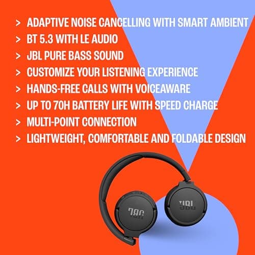 JBL Tune 670 NC Wireless On-Ear Bluetooth Headphones with Adaptive Noise-Cancelling Technology and Lightweight Design, 70-Hour Battery Life, Black — view 6