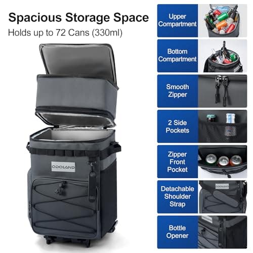 Odoland Cooler Box on Wheels, Leakproof Insulated Soft Rolling Cooler Bag with Stable All Terrain Cart and Handle Collapsible for Camping Beach Fishing Picnic (45L/72Cans Hrey) — view 2