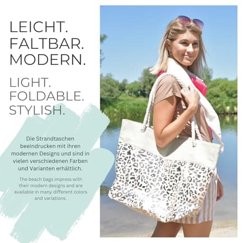styleBREAKER Womens XXL Metallic Leopard Print Beach Bag,Beige-Silver — view 6