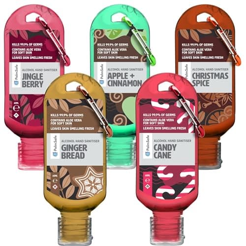 Palm Safe 5 Christmas Pack 60ml Anti Bacterial Premium Hand Sanitiser Travel Size Refillable Clip Bottle Non Sticky Extra Moisturising Kills 99.9% of Bacteria Stocking Filler Scents May Vary